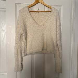 Free People Serendipity V-Neck Fuzzy Eyelash Sweater in Ivory